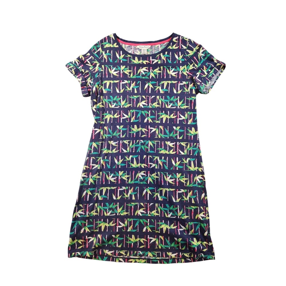 Tommy Bahama Dress Size Medium M Navy Blue Bamboo Leaf Print Tropical Shift